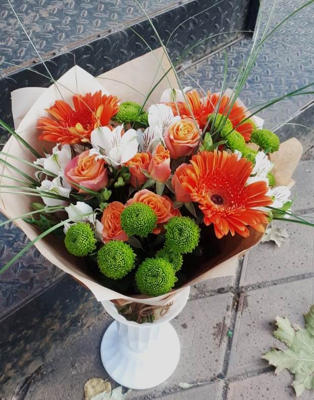 Букет цветов из: Герберы, Хризантемы, Альстромерии и Розы в Машково