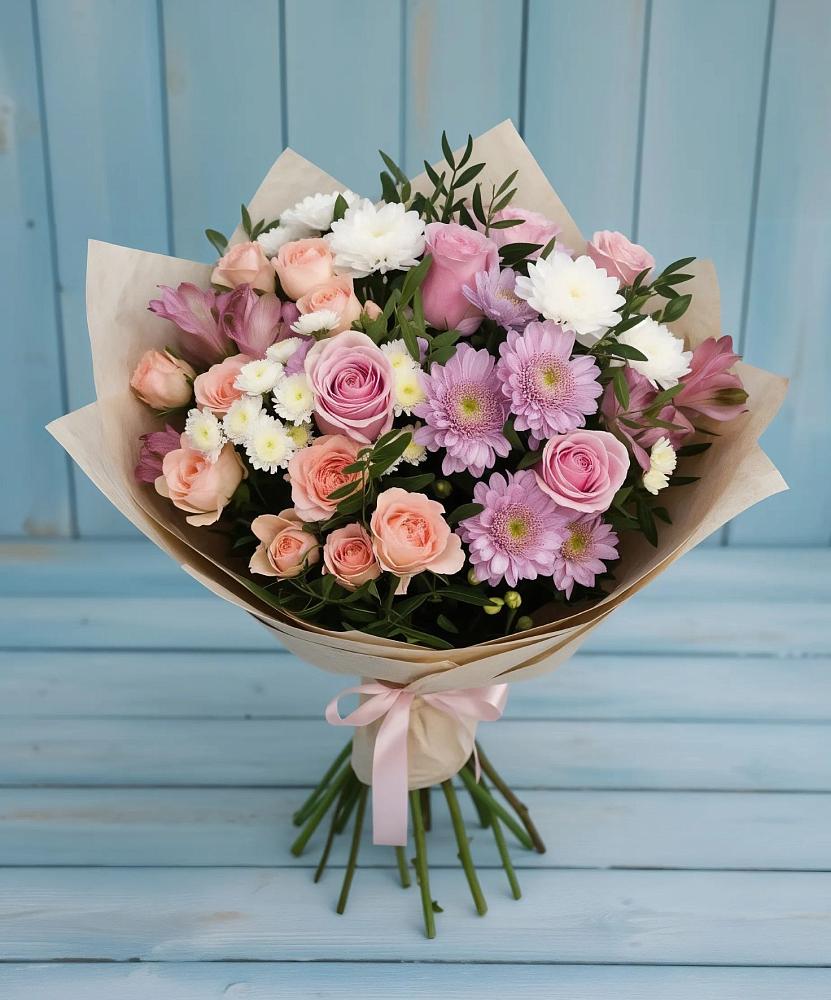 Букет цветов из: Хризантемы, Розы и Альстромерии в Машково