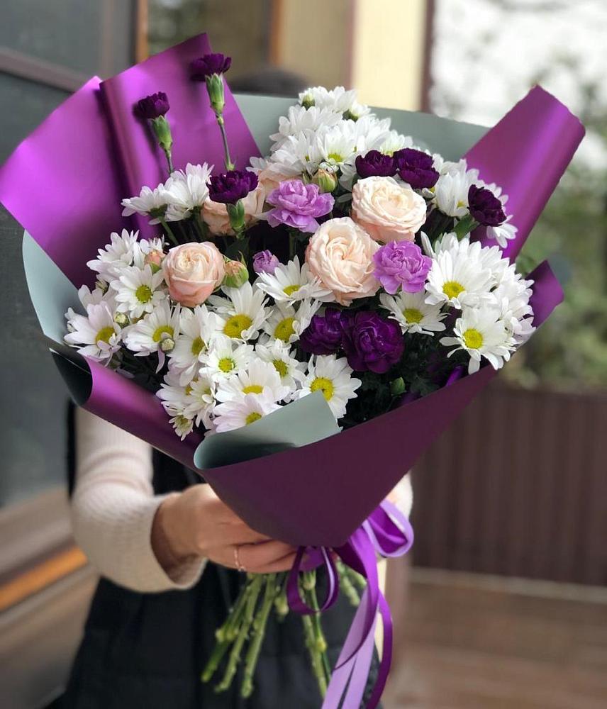 Букет цветов из: Хризантемы, Гвоздики и Розы в Машково