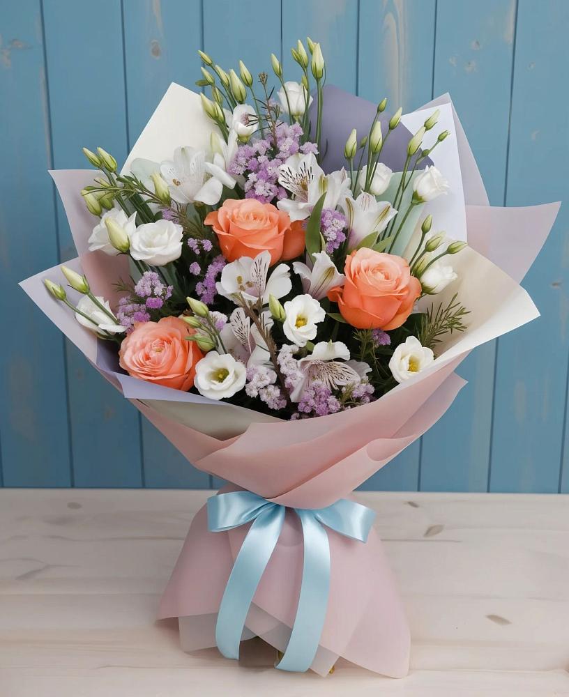 Букет цветов из: Лизиантусы, Розы, Альстромерии и Гипсофила в Машково