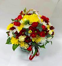 Цветочная композиция из Хризантемы и Розы в корзине в Машково