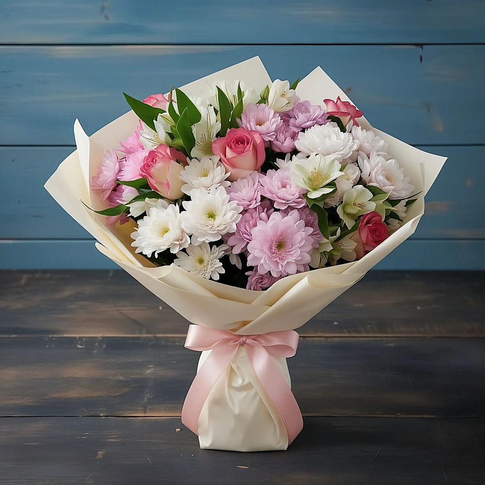 Букет цветов из: Хризантемы, Альстромерии и Розы в Машково